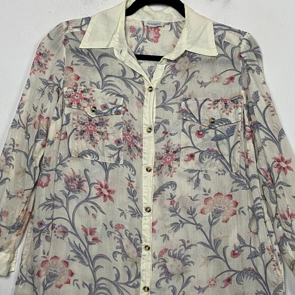 Sundance Fleur Chateau 100% Cotton Cream Pink Fray Floral Midi Dress Medium - Picture 3 of 13